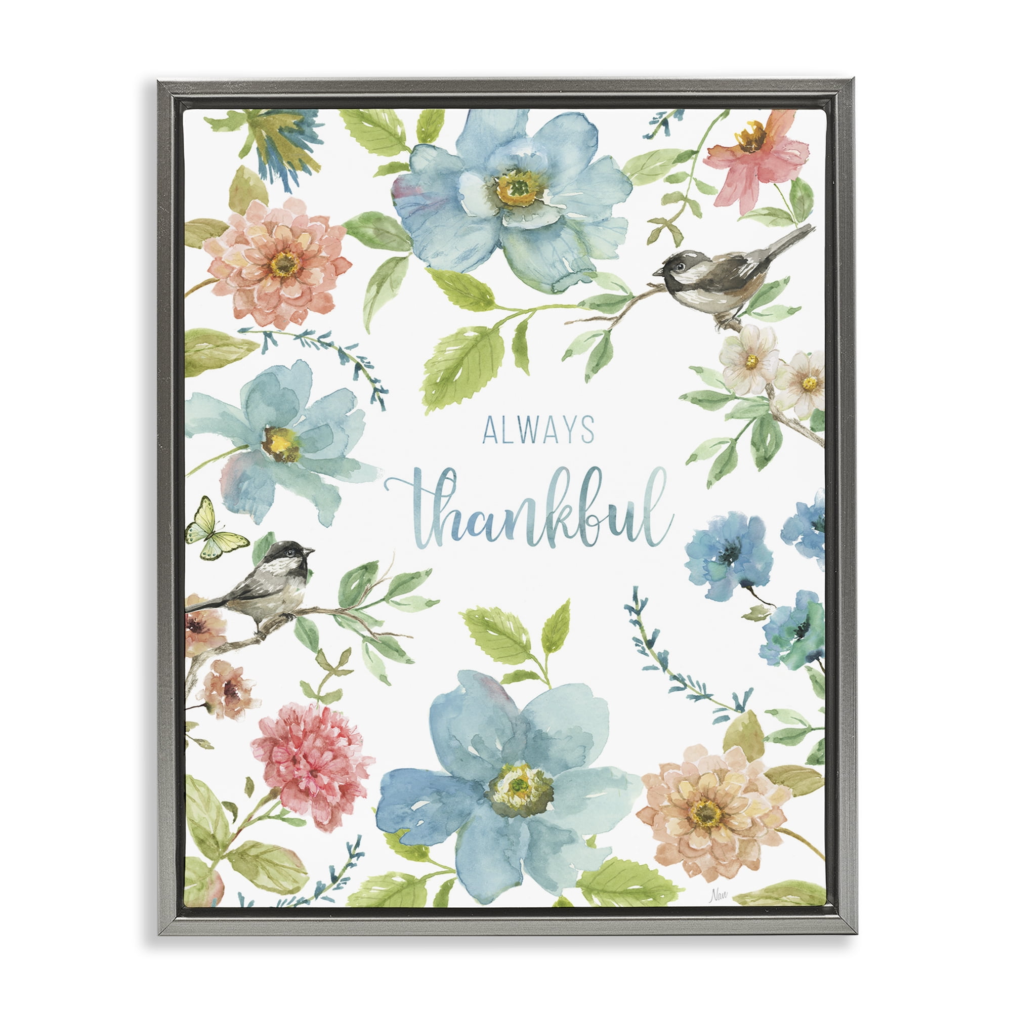 Stupell Industries Always Thankful Pink & Blue Gray Framed Floater Canvas Wall Art, design by Nan