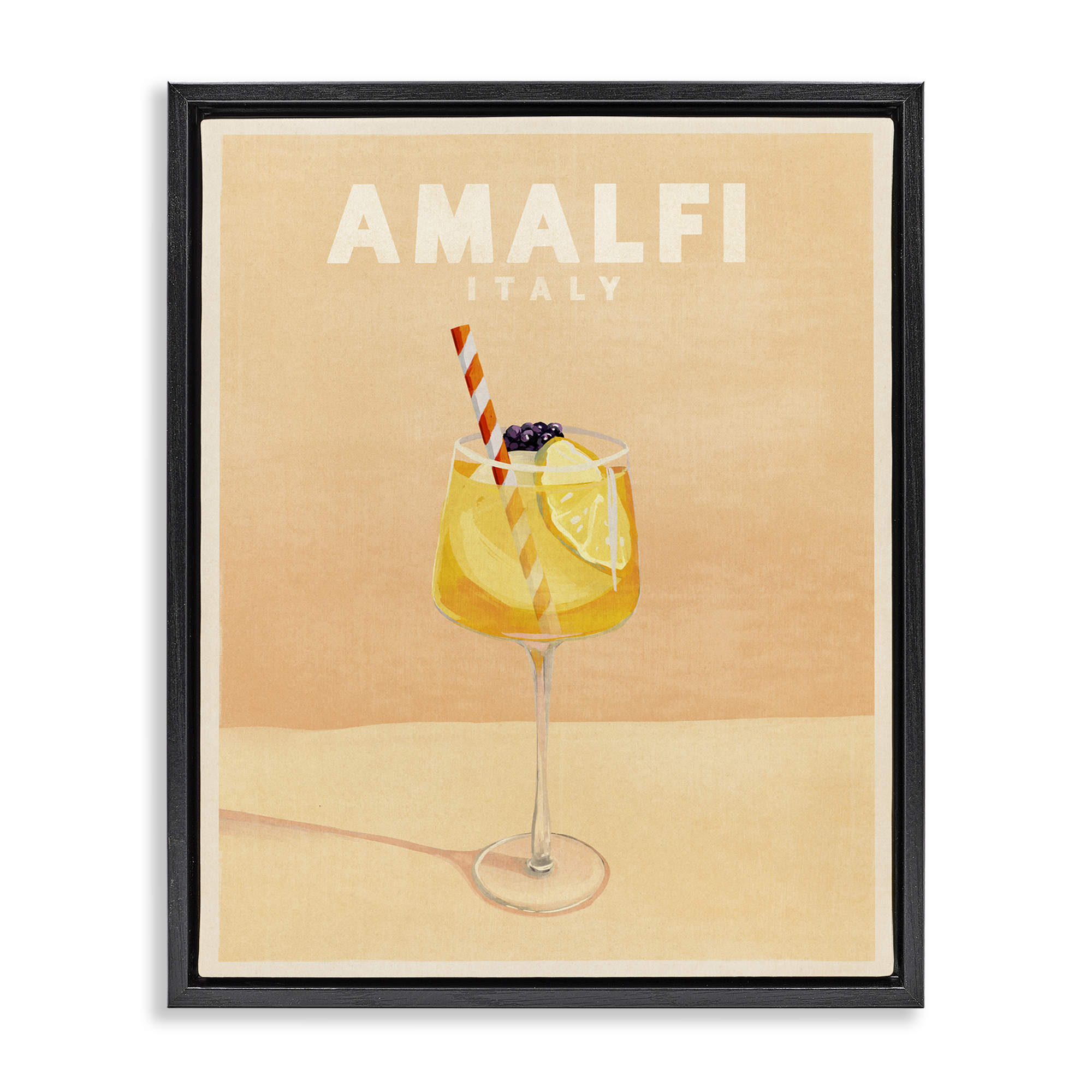 Stupell Industries Amalfi Italy with Cocktail Food & Beverage Painting Black Floater Framed Canvas Art Print Wall Art, 25 x 31