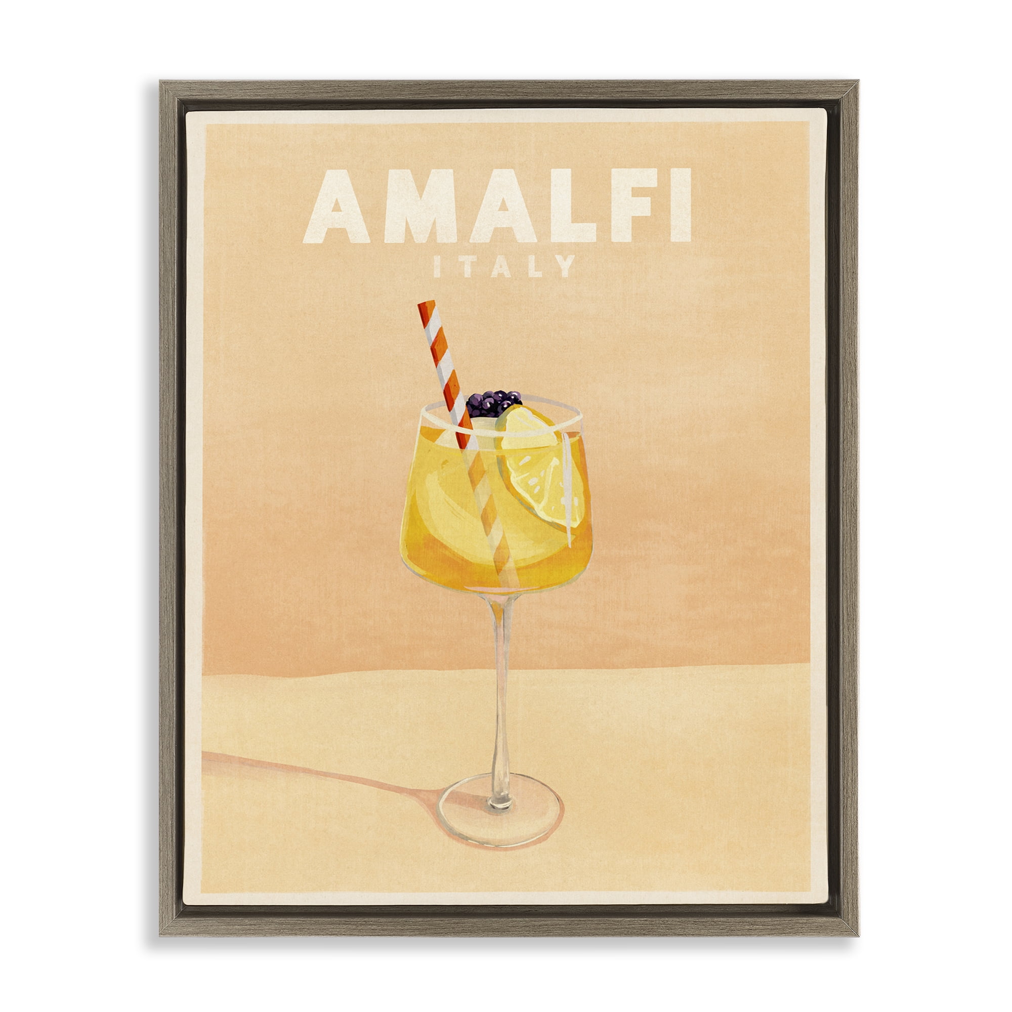Stupell Industries Amalfi Italy with Cocktail Food & Beverage Painting Brown Floater Framed Canvas Art Print Wall Art, 25 x 31
