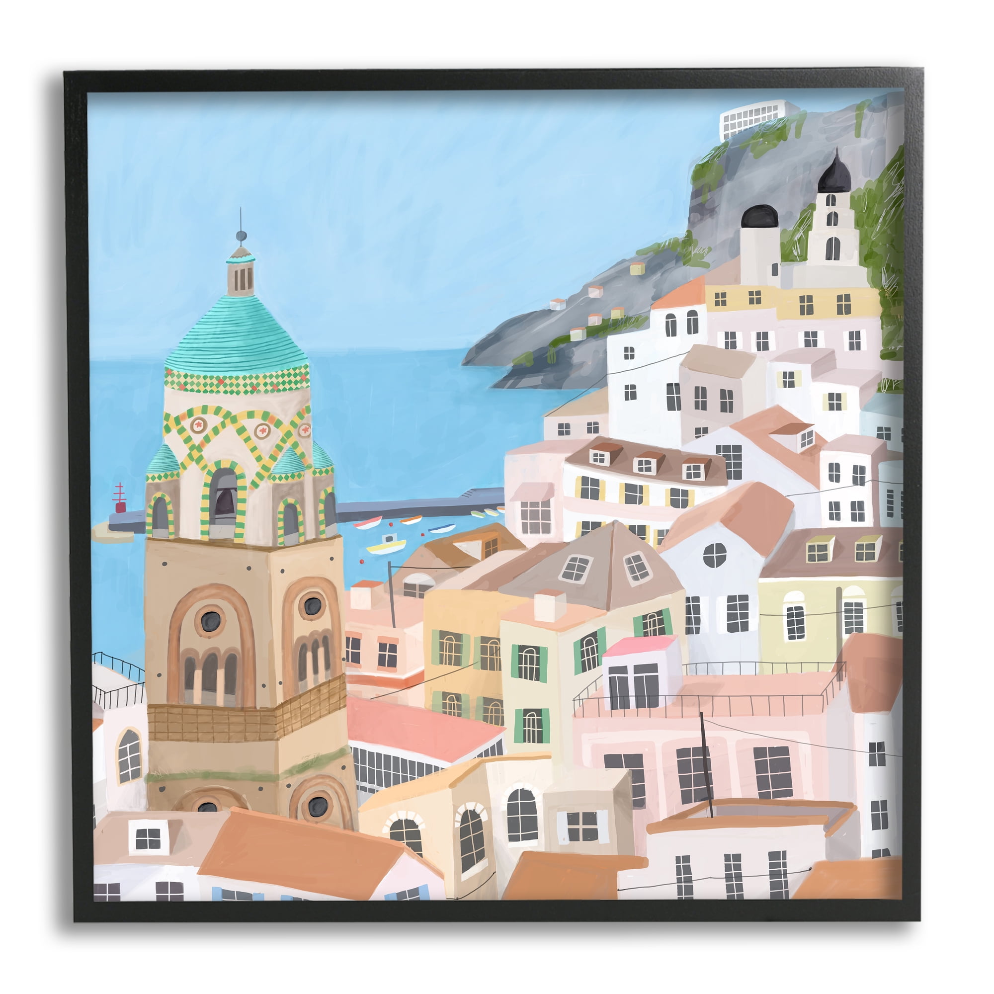 Stupell Industries Amalfi Traditional Italian Architecture Coastal Cliffside Cityscape Travel & Places Painting Black Framed Art Print Wall Art, 12 x 12