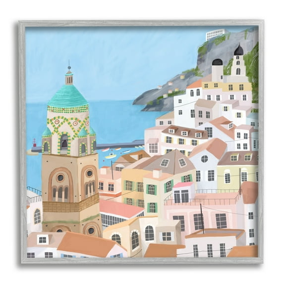 Stupell Industries Amalfi Traditional Italian Architecture Coastal Cliffside Cityscape Travel & Places Painting Gray Framed Art Print Wall Art, 12 x 12