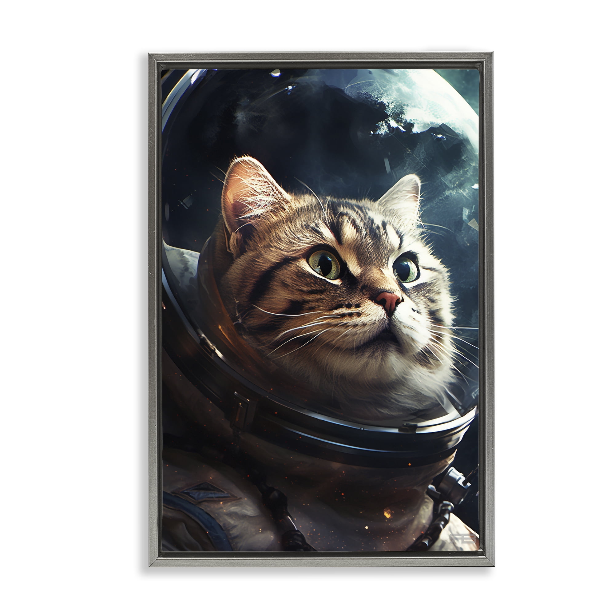 Stupell Industries Amazed Astronaut Cat Animals & Insects Painting Gray Floater Framed Canvas Art Print Wall Art, 17 x 25