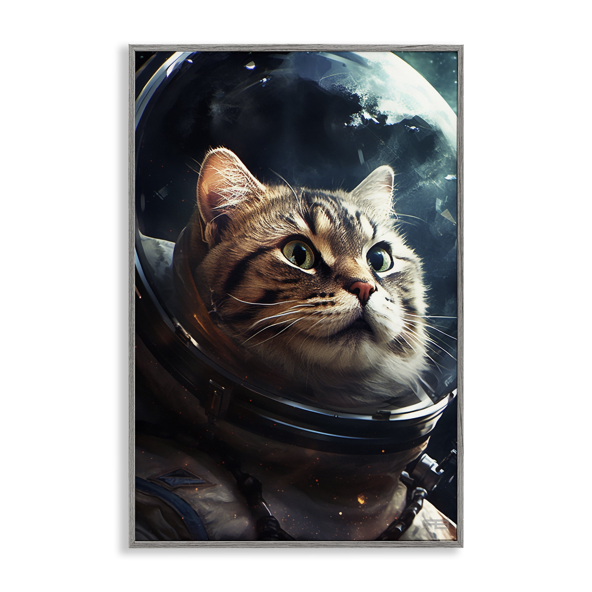 Stupell Industries Amazed Astronaut Cat Animals & Insects Painting Gray Framed Art Print Wall Art, 12 x 18