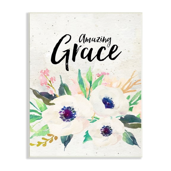 Stupell Industries Amazing Grace Calligraphy White Flower Blossom Botanicals Wood Wall Art, 10 x 15, Design by Amy Brinkman