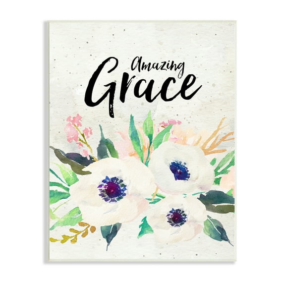 Stupell Industries Amazing Grace Calligraphy White Flower Blossom Botanicals Wood Wall Art, 13 x 19, Design by Amy Brinkman