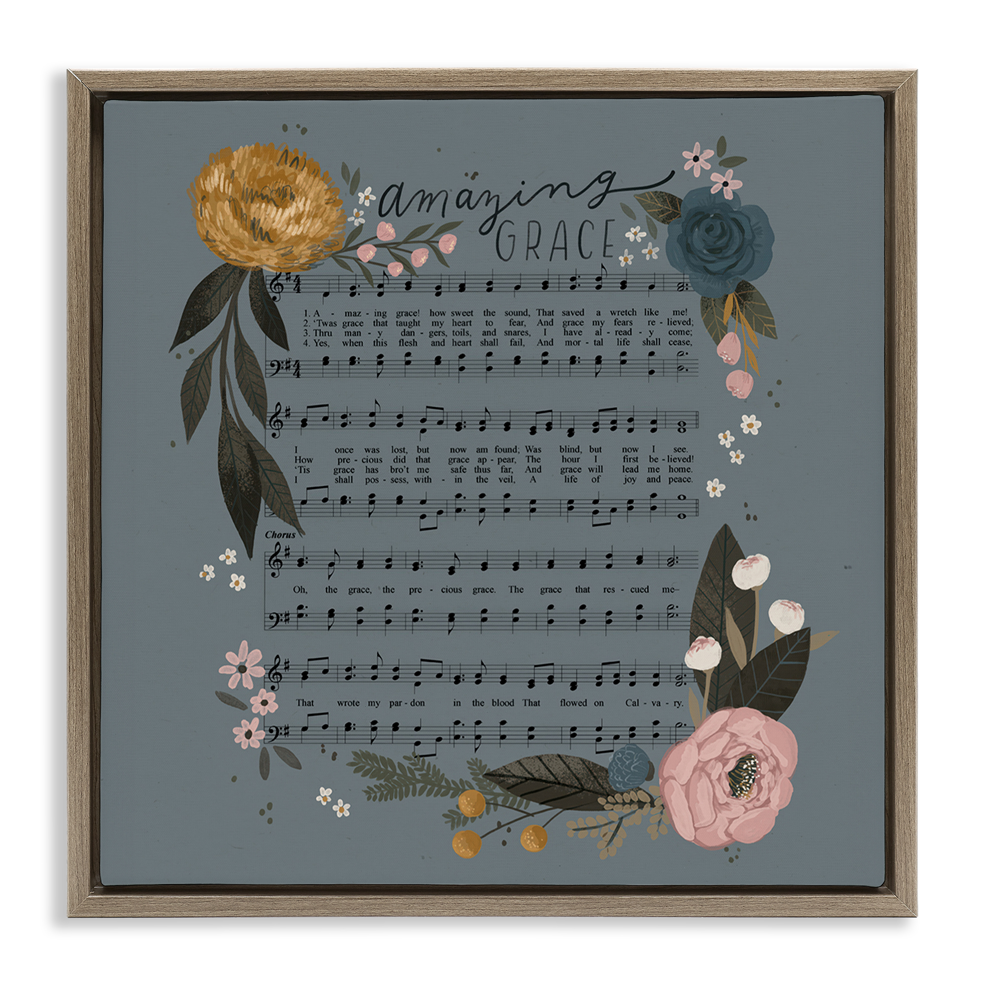 Stupell Industries Amazing Grace Floral Hymn Religious & Spiritual Painting Brown Floater Framed Canvas Art Print Wall Art, 18 x 18