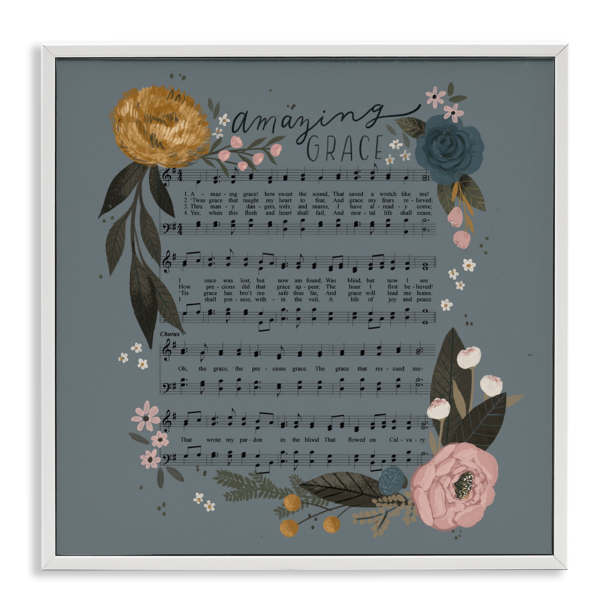 Stupell Industries Amazing Grace Floral Hymn Religious & Spiritual Painting White Framed Art Print Wall Art, 24 x 24