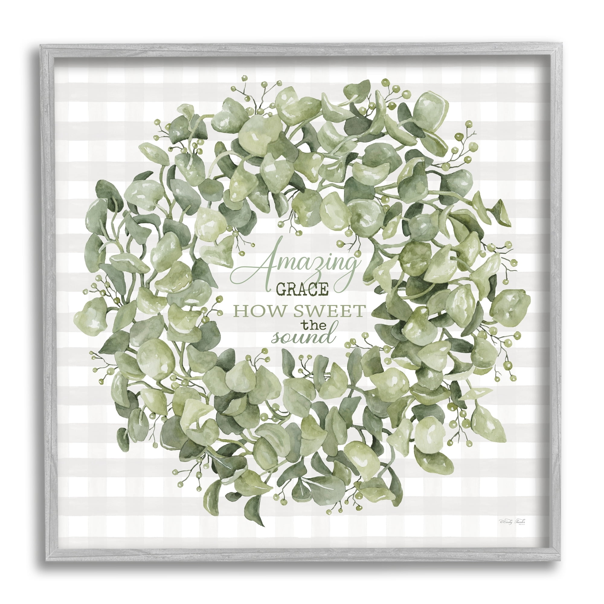 Stupell Industries Amazing Grace How Sweet Lush Green Plant Wreath Graphic Art Gray Framed Art Print Wall Art, 12x12, by Cindy Jacobs