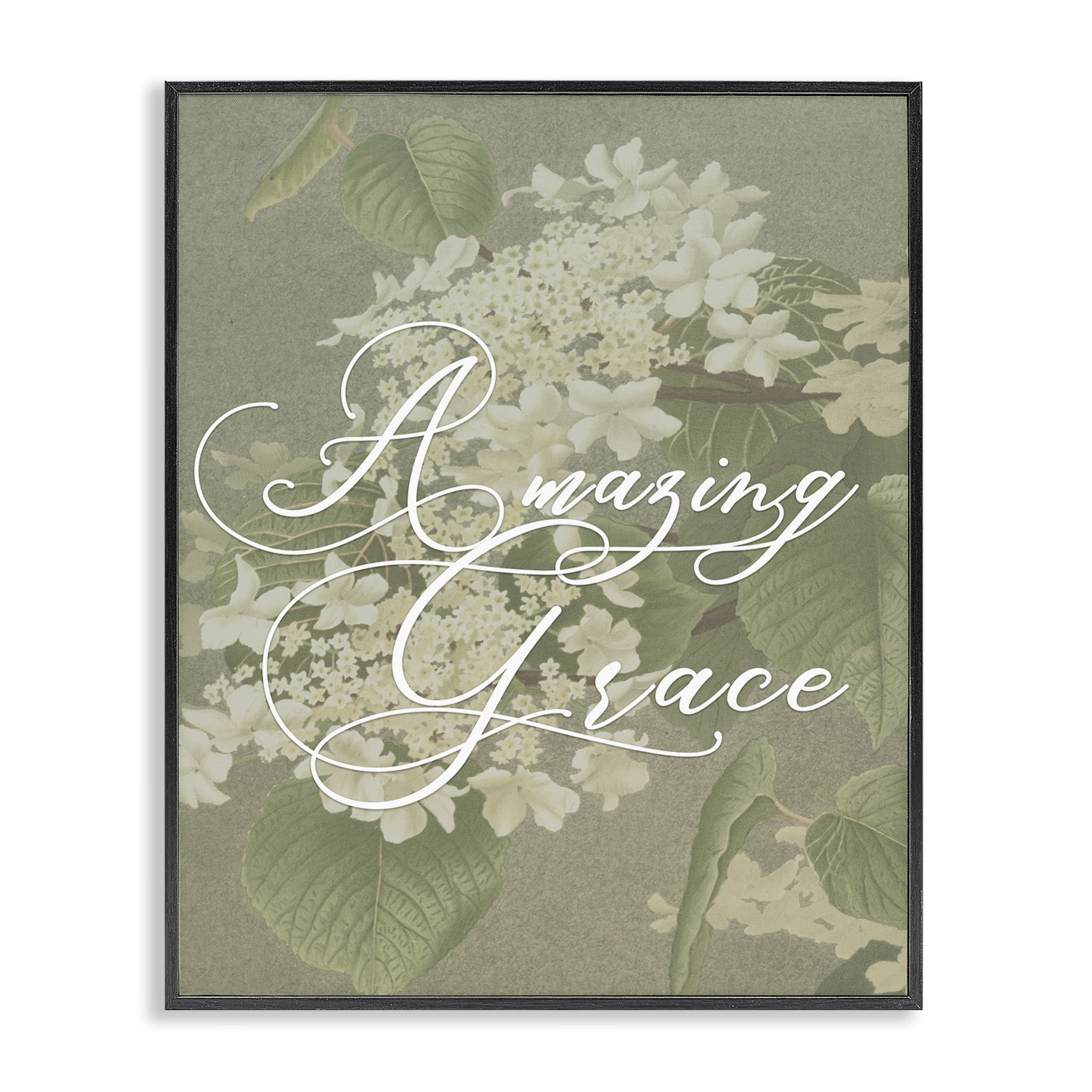 Amazing Grace Phrase Vintage White Flower Blossoms Black Framed Giclee Art, 11 x 14, By Lil' Rue
