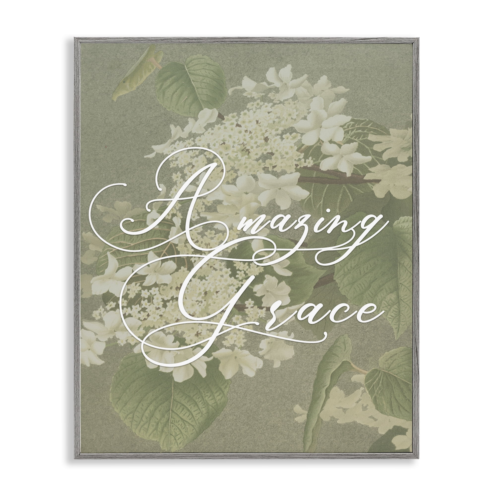 Amazing Grace Phrase Vintage White Flower Blossoms Gray Framed Giclee Art, 16 x 20, By Lil' Rue