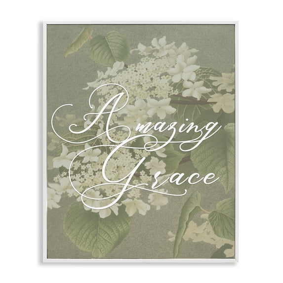 Amazing Grace Phrase Vintage White Flower Blossoms White Framed Giclee Art, 11 x 14, By Lil' Rue