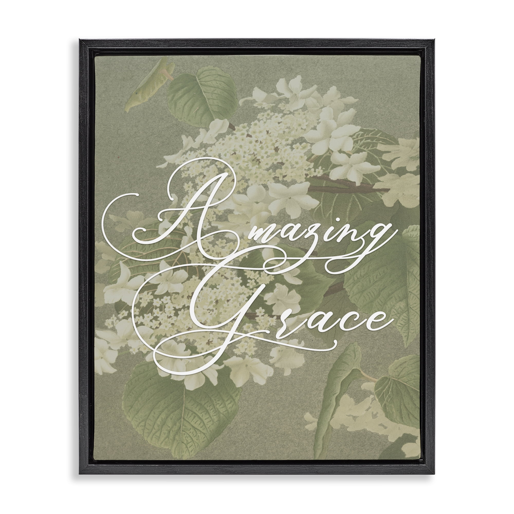 Amazing Grace Phrase Vintage White Flower Blossoms Black Floating Frame Canvas Art, 25 x 31, By Lil' Rue