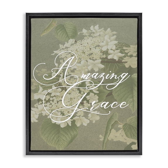 Amazing Grace Phrase Vintage White Flower Blossoms Black Floating Frame Canvas Art, 25 x 31, By Lil' Rue