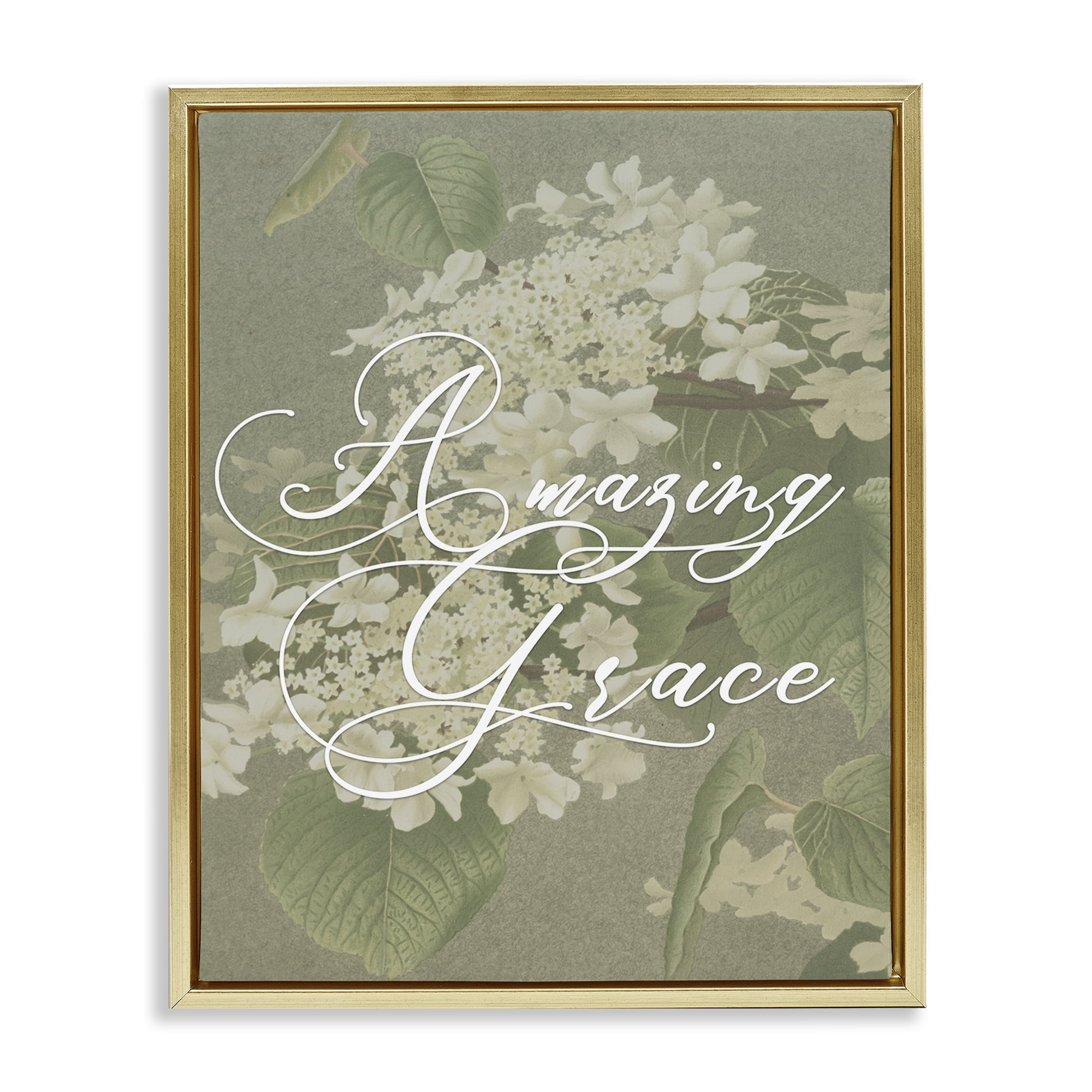 Amazing Grace Phrase Vintage White Flower Blossoms Gold Floating Frame Canvas Art, 17 x 21, By Lil' Rue