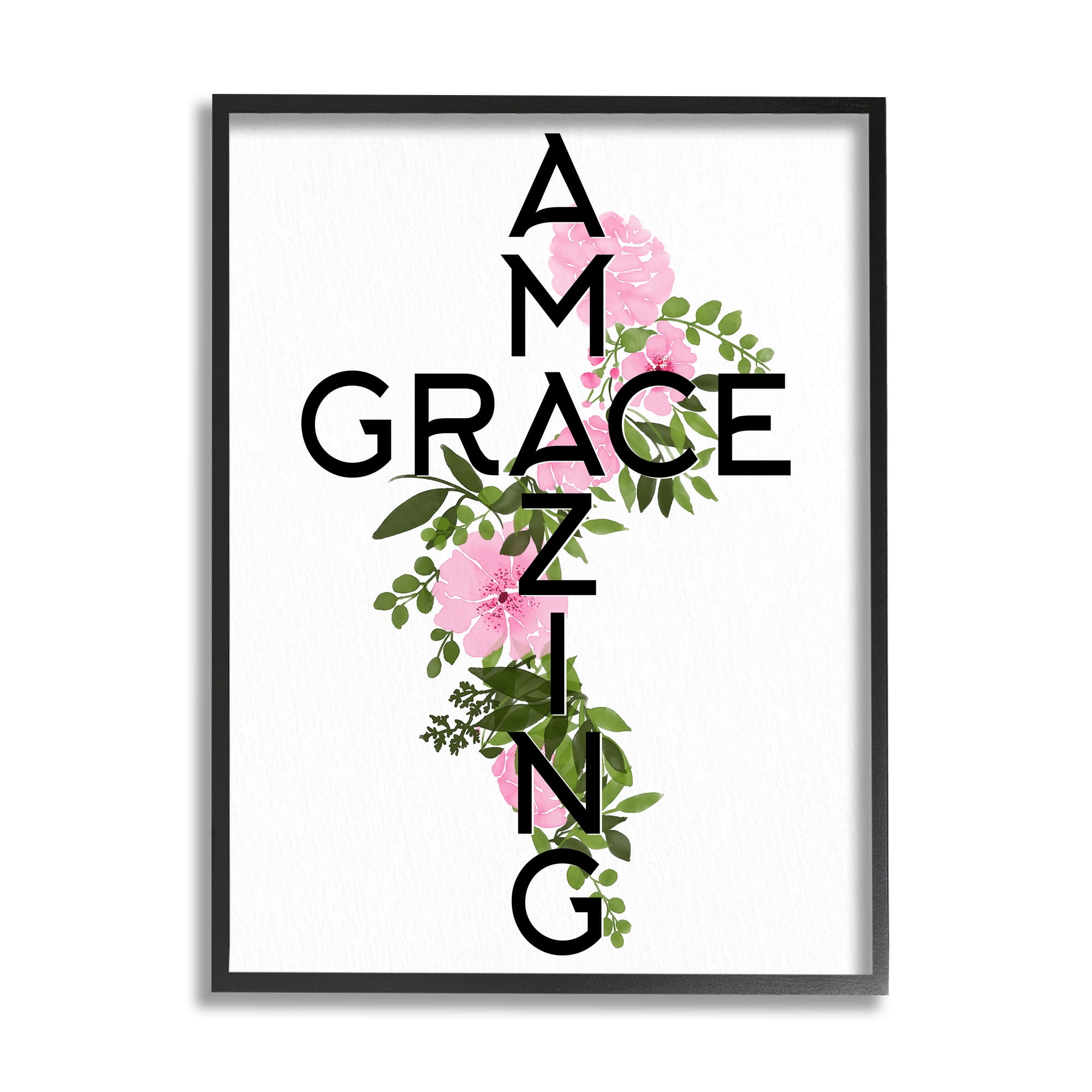 Stupell Industries Amazing Grace Pink Floral Cross Shape Botanicals Framed Wall Art, 11 x 14, Design by Ann Bailey