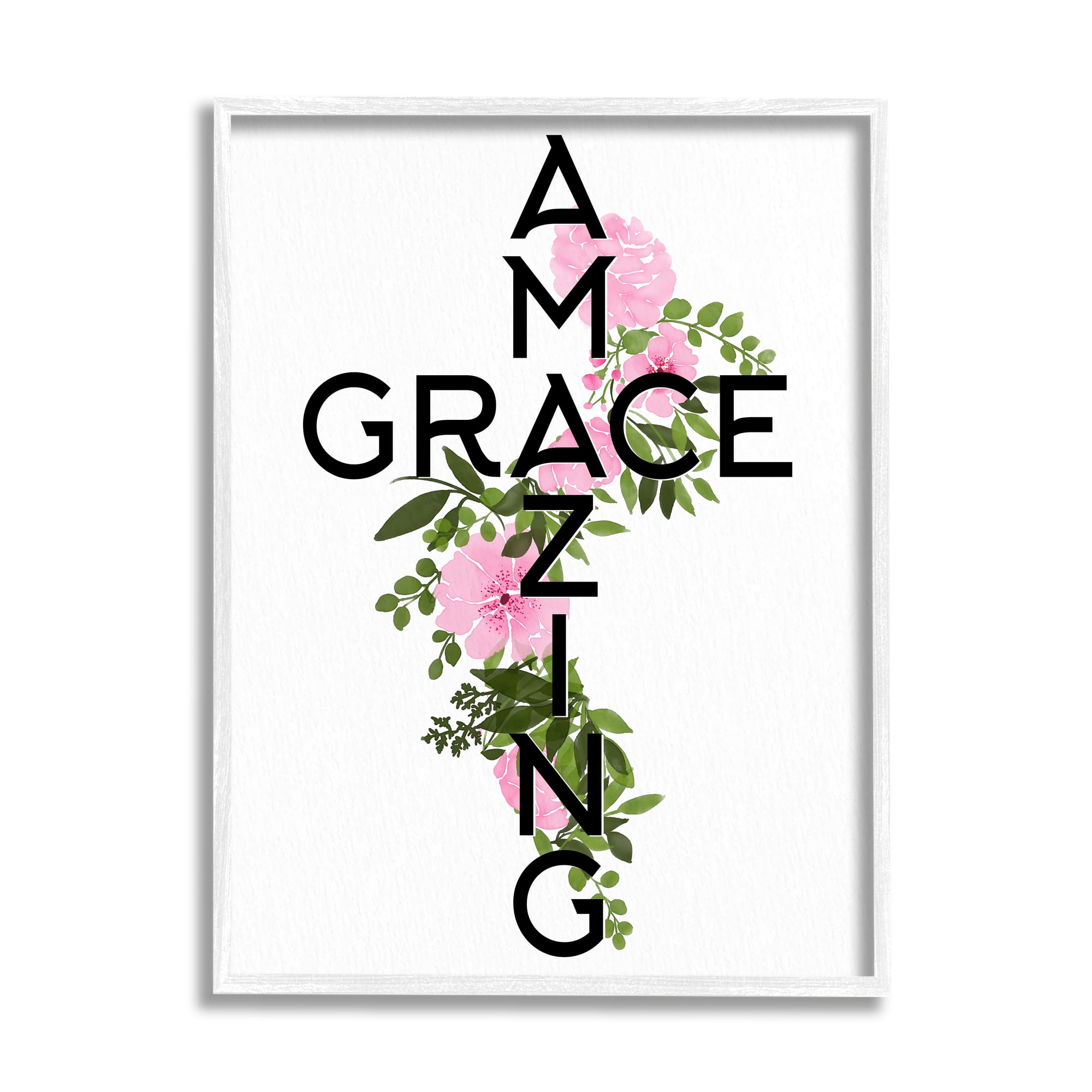 Stupell Industries Amazing Grace Pink Floral Cross Shape Botanicals Framed Wall Art, 11 x 14, Design by Ann Bailey