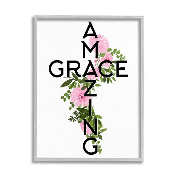 Stupell Industries Amazing Grace Pink Floral Cross Shape Botanicals Framed Wall Art, 11 x 14, Design by Ann Bailey