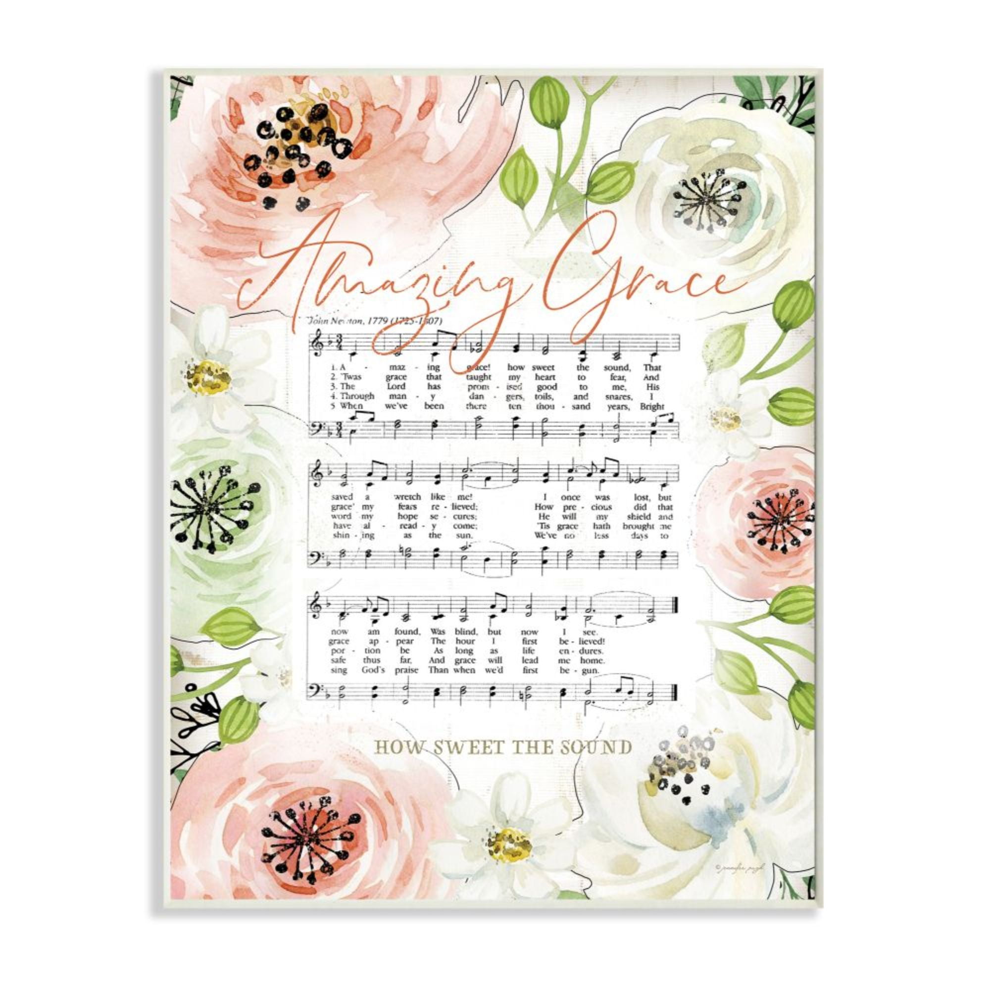 Stupell Industries Amazing Grace Pink Floral Sheet Music Flower Americana Design by Jennifer Pugh