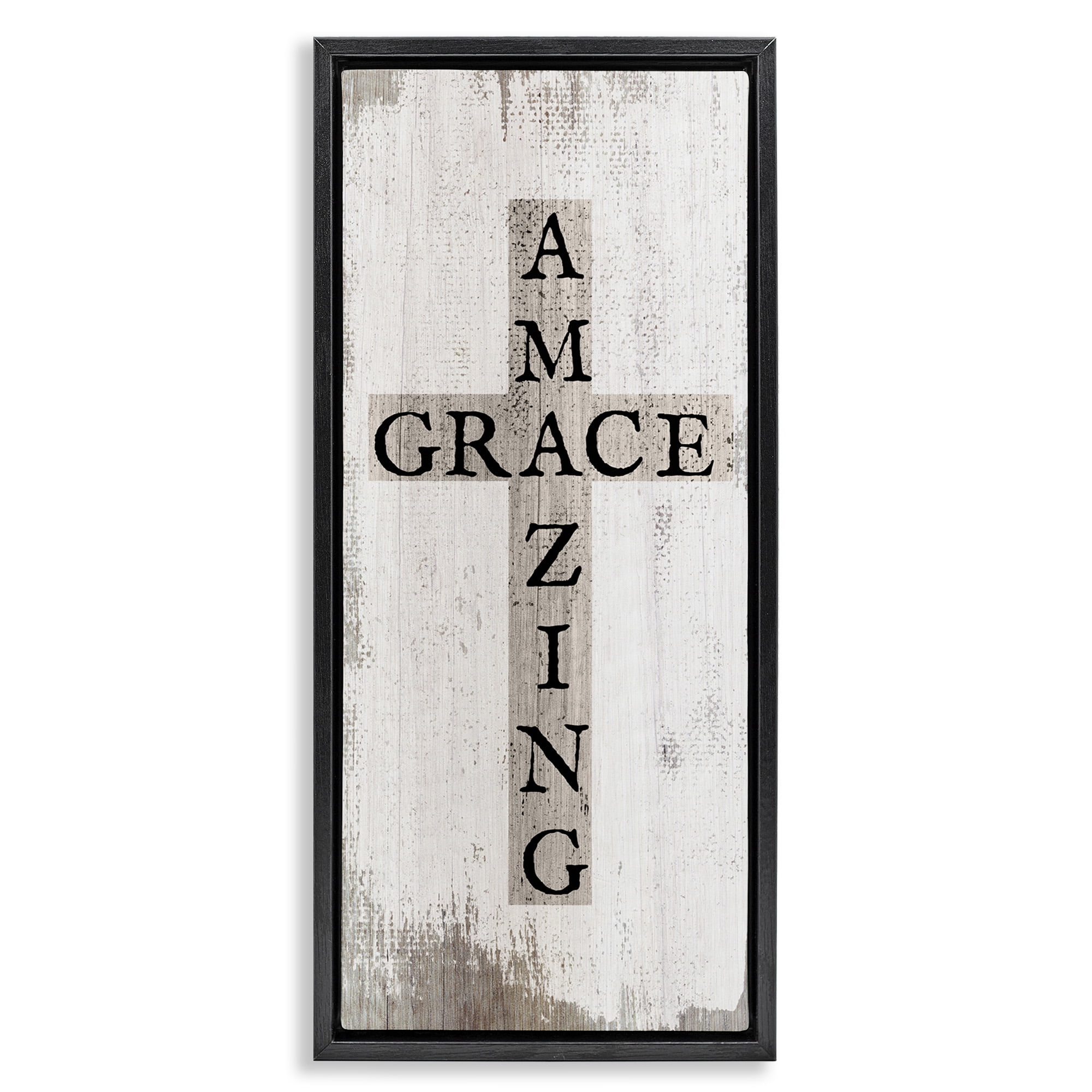 Stupell Industries Amazing Grace Rustic Cross Typography Painting Black Floater Framed Canvas Art Print Wall Art, 11 x 25