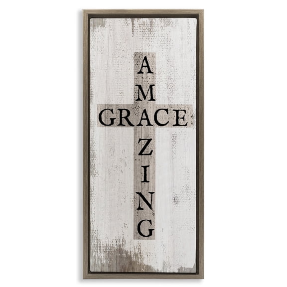 Stupell Industries Amazing Grace Rustic Cross Typography Painting Brown Floater Framed Canvas Art Print Wall Art, 15 x 31