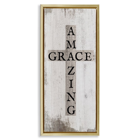 Stupell Industries Amazing Grace Rustic Cross Typography Painting Gold Floater Framed Canvas Art Print Wall Art, 15 x 31