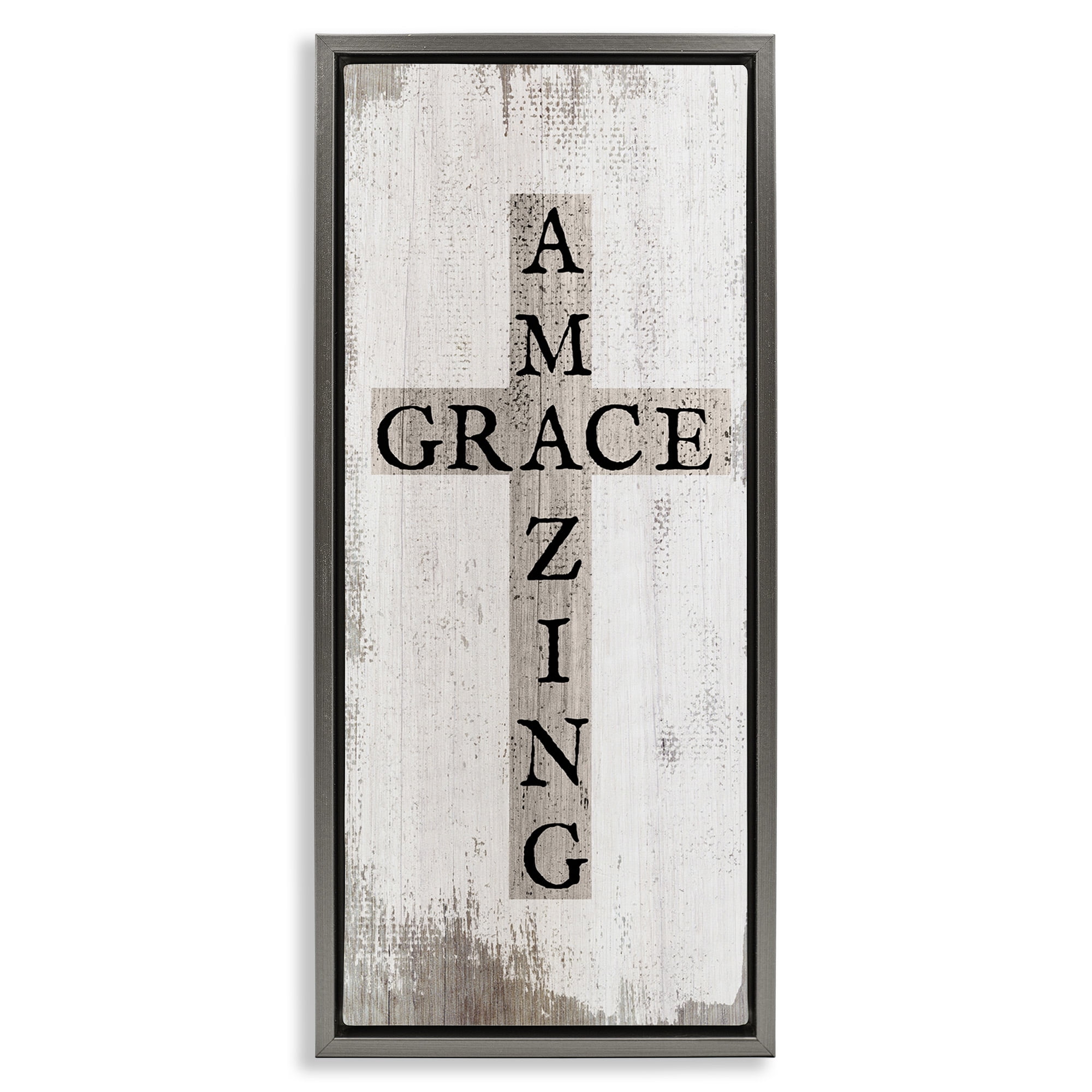 Stupell Industries Amazing Grace Rustic Cross Typography Painting Gray Floater Framed Canvas Art Print Wall Art, 11 x 25