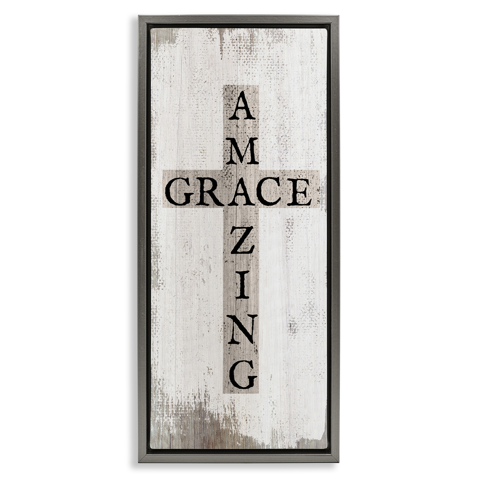 Stupell Industries Amazing Grace Rustic Cross Typography Painting Gray Floater Framed Canvas Art Print Wall Art, 15 x 31