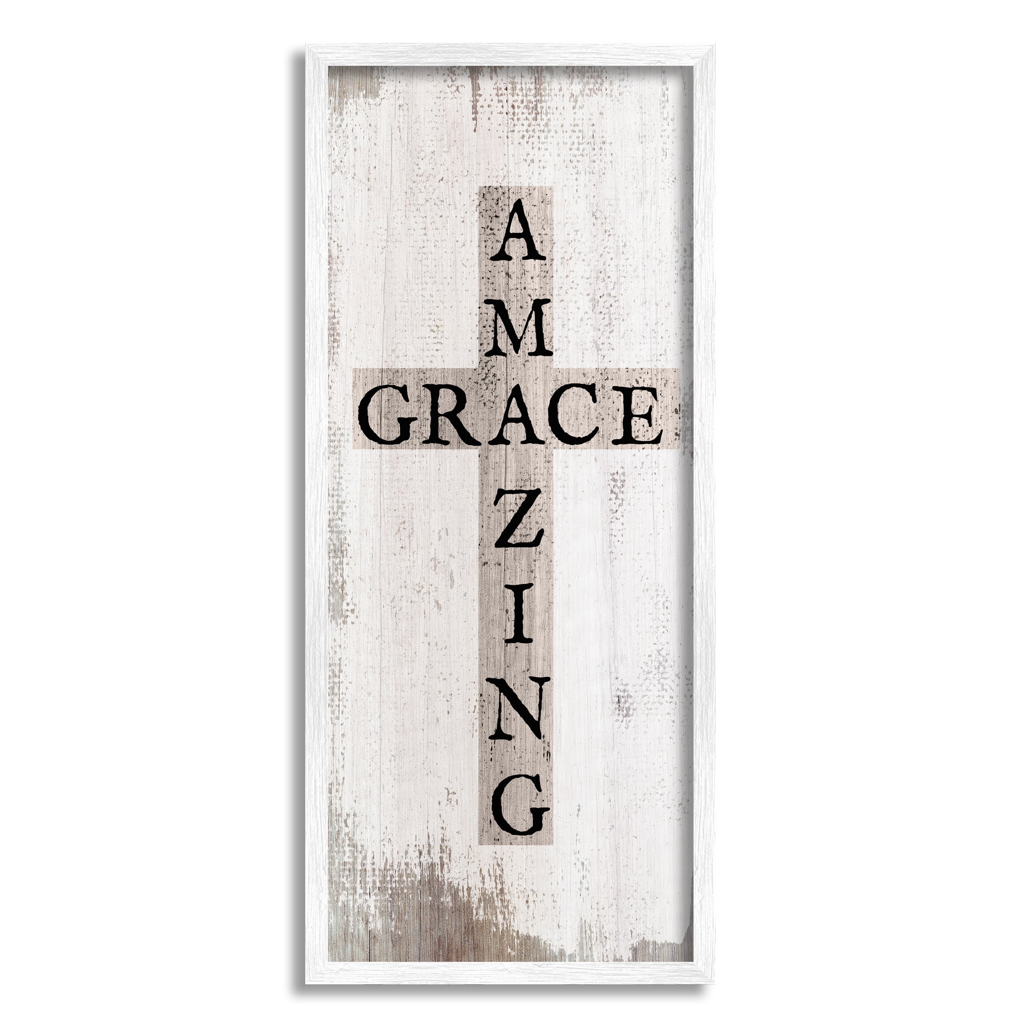 Stupell Industries Amazing Grace Rustic Cross with Distressed White Paint, 10 x 24,Design by Daphne Polselli