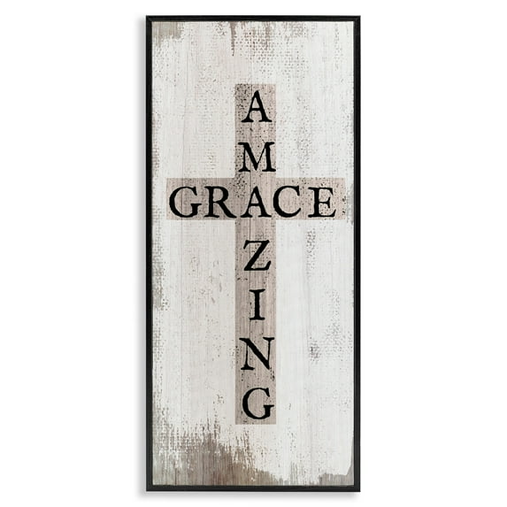 Stupell Industries Amazing Grace Rustic Cross with Distressed White Paint Graphic Art Black Framed Art Print Wall Art, 10x24, by Daphne Polselli
