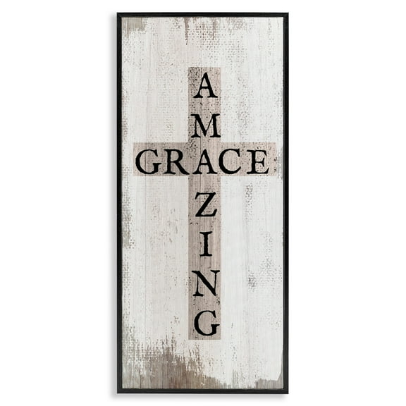 Stupell Industries Amazing Grace Rustic Cross with Distressed White Paint Graphic Art Black Framed Art Print Wall Art, 10x24, by Daphne Polselli