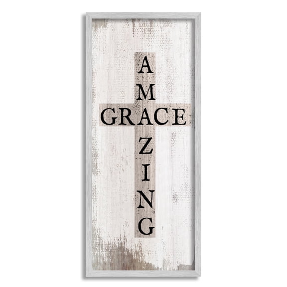 Stupell Industries Amazing Grace Rustic Cross with Distressed White Paint Graphic Art Gray Framed Art Print Wall Art, 10x24, by Daphne Polselli