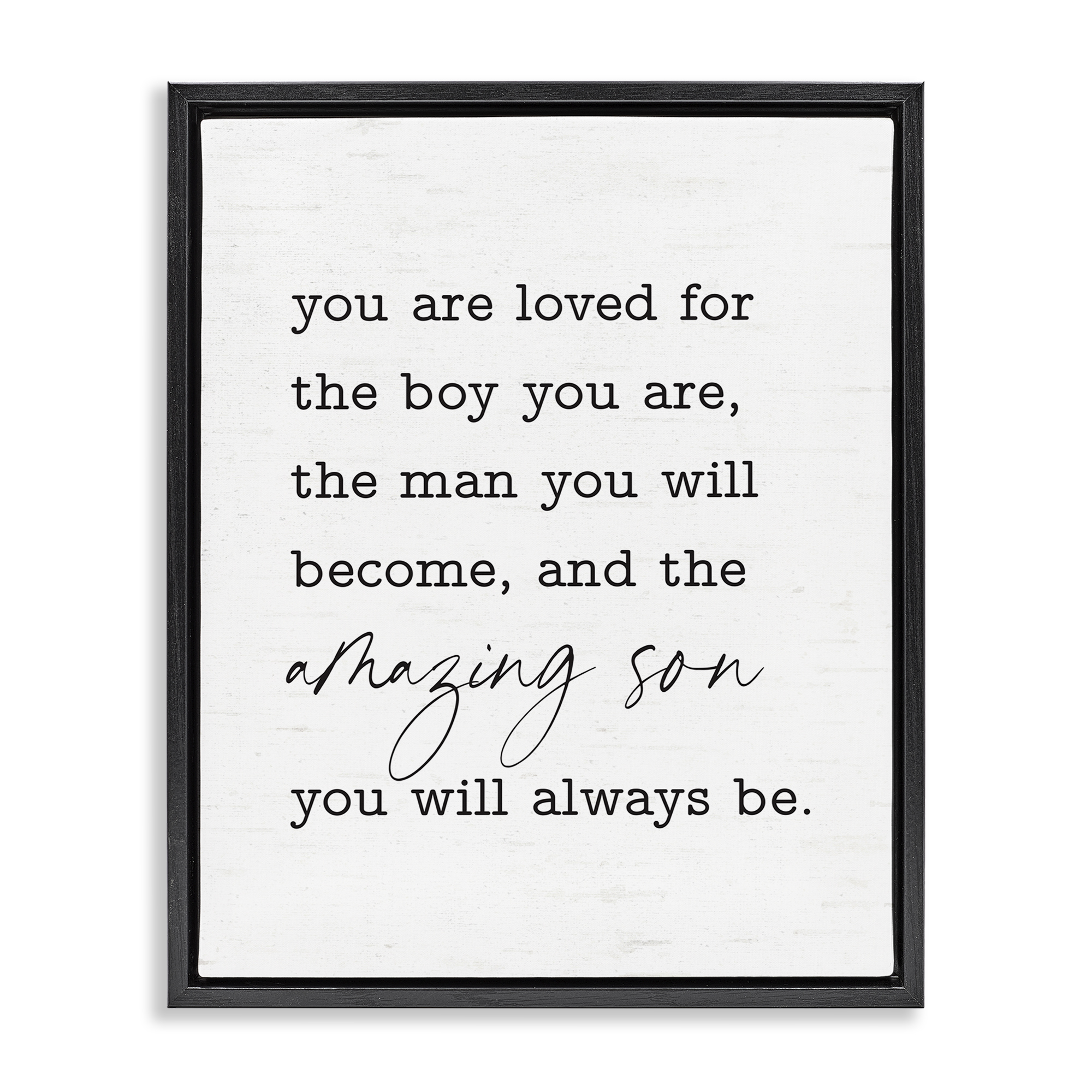 Stupell Industries Amazing Son Sentiment Text & Numbers Painting Black Floater Framed Canvas Art Print Wall Art, 17 x 21