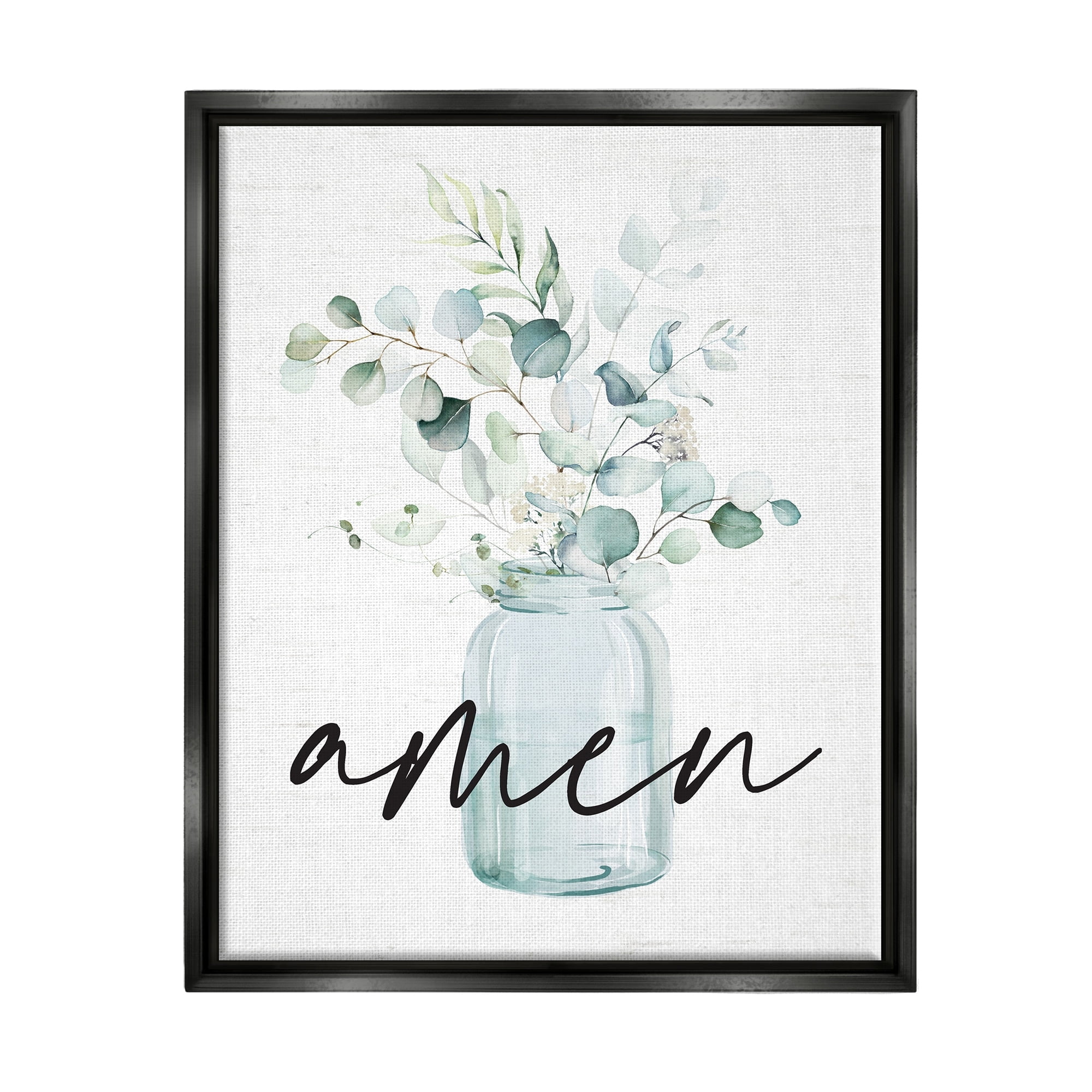 Stupell Industries Amen Religious Calligraphy Eucalyptus Botanicals Country Jar Graphic Art Jet Black Floating Framed Canvas Print Wall Art, Design by Lettered and Lined