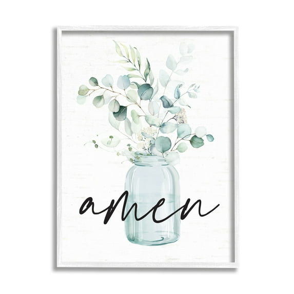 Stupell Industries Amen Religious Calligraphy Eucalyptus Botanicals Country Jar Graphic Art White Framed Art Print Wall Art, Design by Lettered and Lined