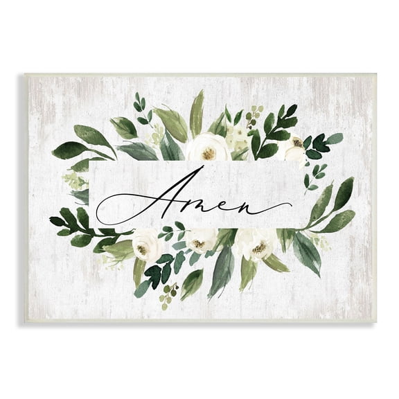 Stupell Industries Amen Text Green Botanical Foliage White Florals Distressed, 15 x 10,Design by Lettered and Lined