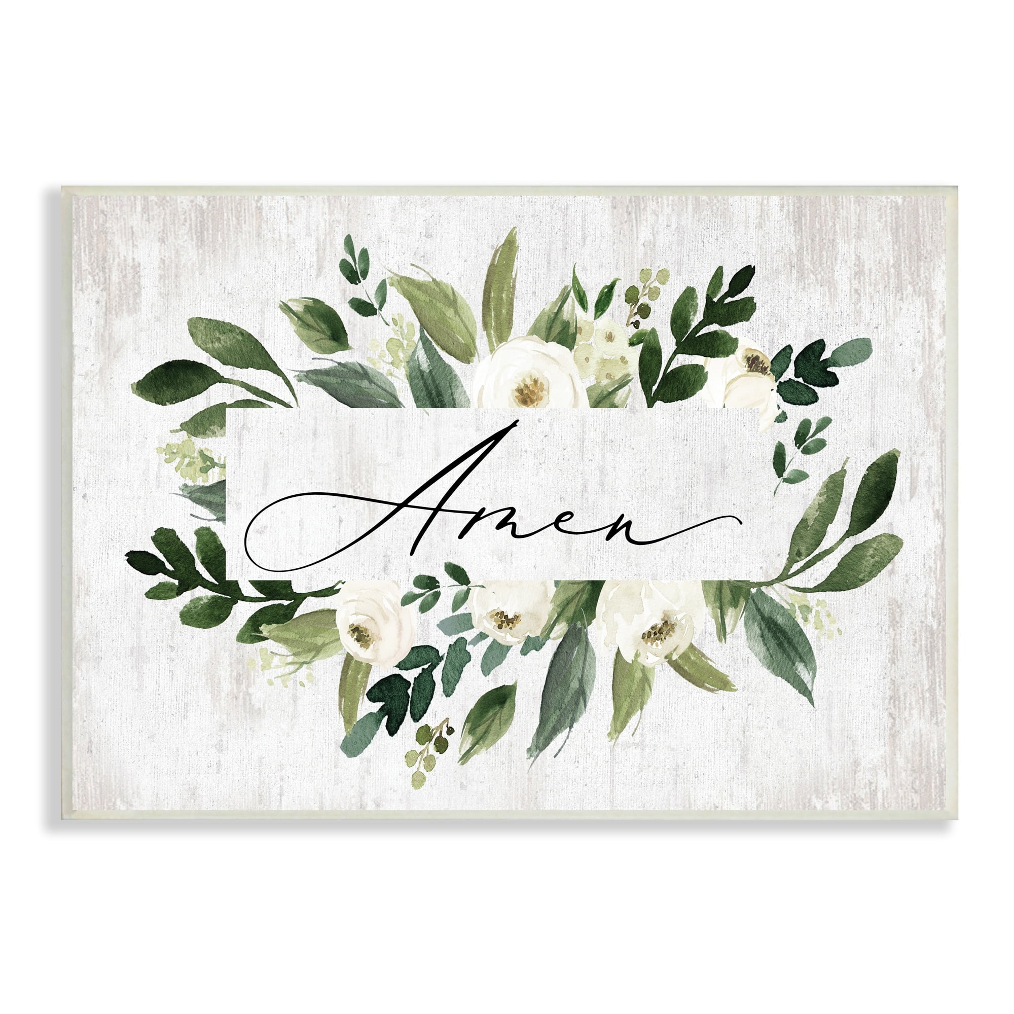 Stupell Industries Amen Text Green Botanical Foliage White Florals Distressed, 19 x 13,Design by Lettered and Lined