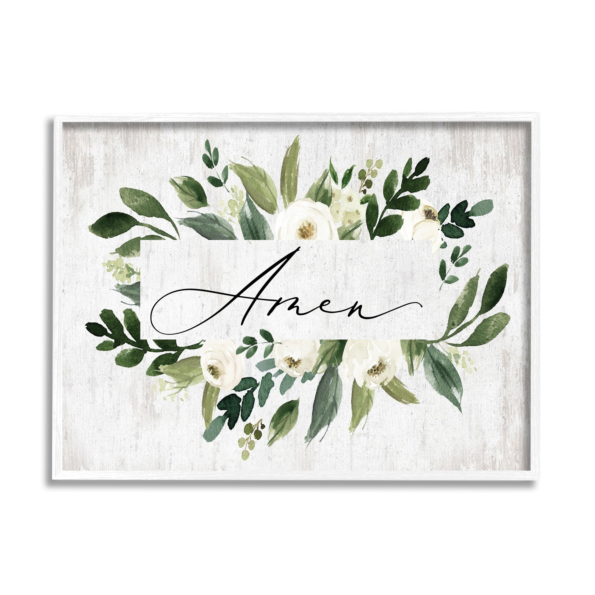 Stupell Industries Amen Text Green Botanical Foliage White Florals Distressed, 20 x 16,Design by Lettered and Lined
