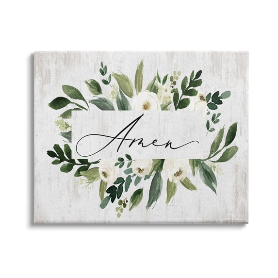 Stupell Industries Amen Text Green Botanical Foliage White Florals Distressed, 30 x 24,Design by Lettered and Lined