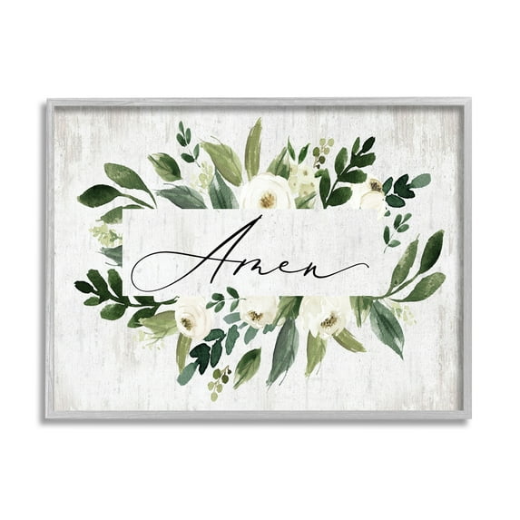 Stupell Industries Amen Text Green Botanical Foliage White Florals Distressed, 30 x 24,Design by Lettered and Lined