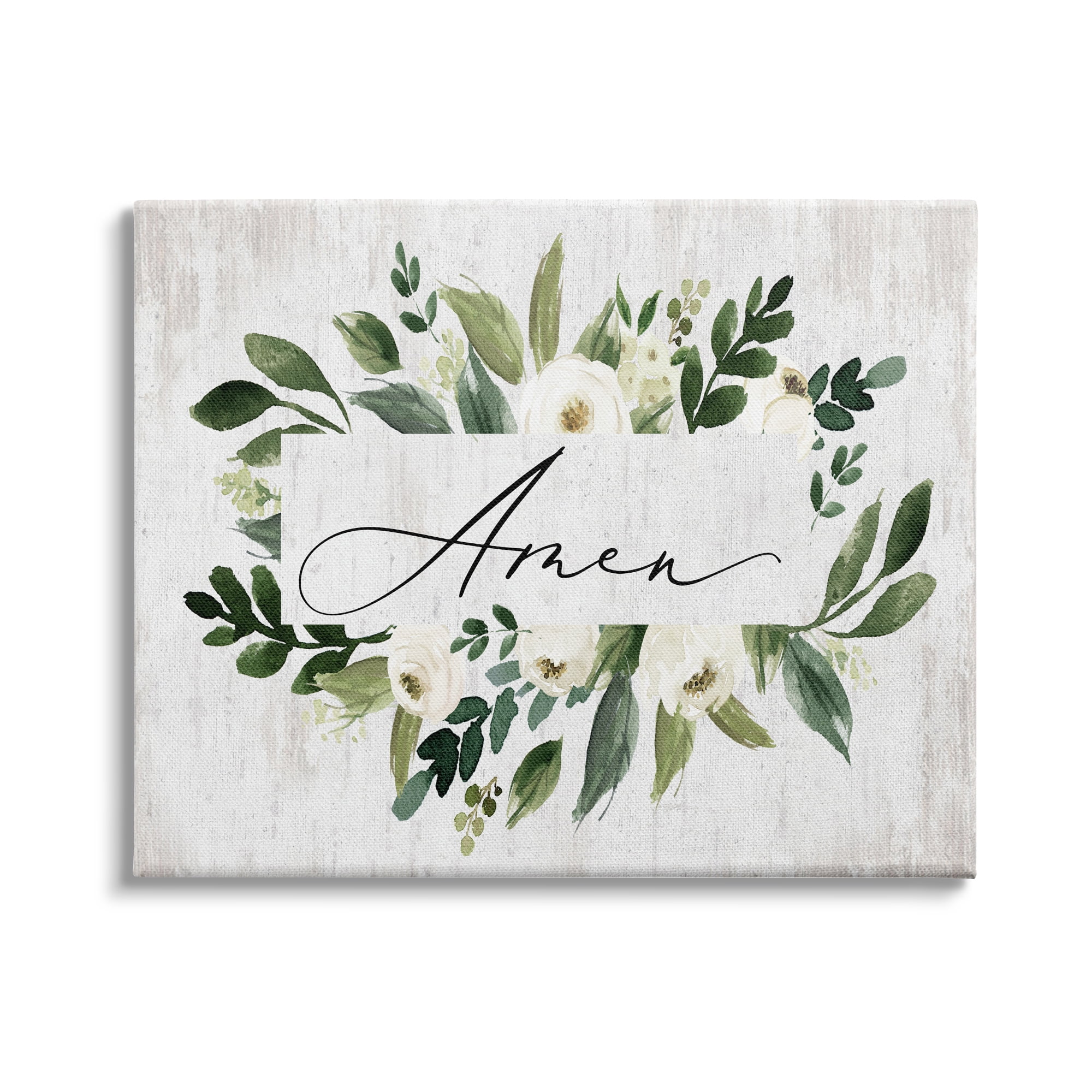 Stupell Industries Amen Text Green Botanical Foliage White Florals Distressed, 48 x 36,Design by Lettered and Lined