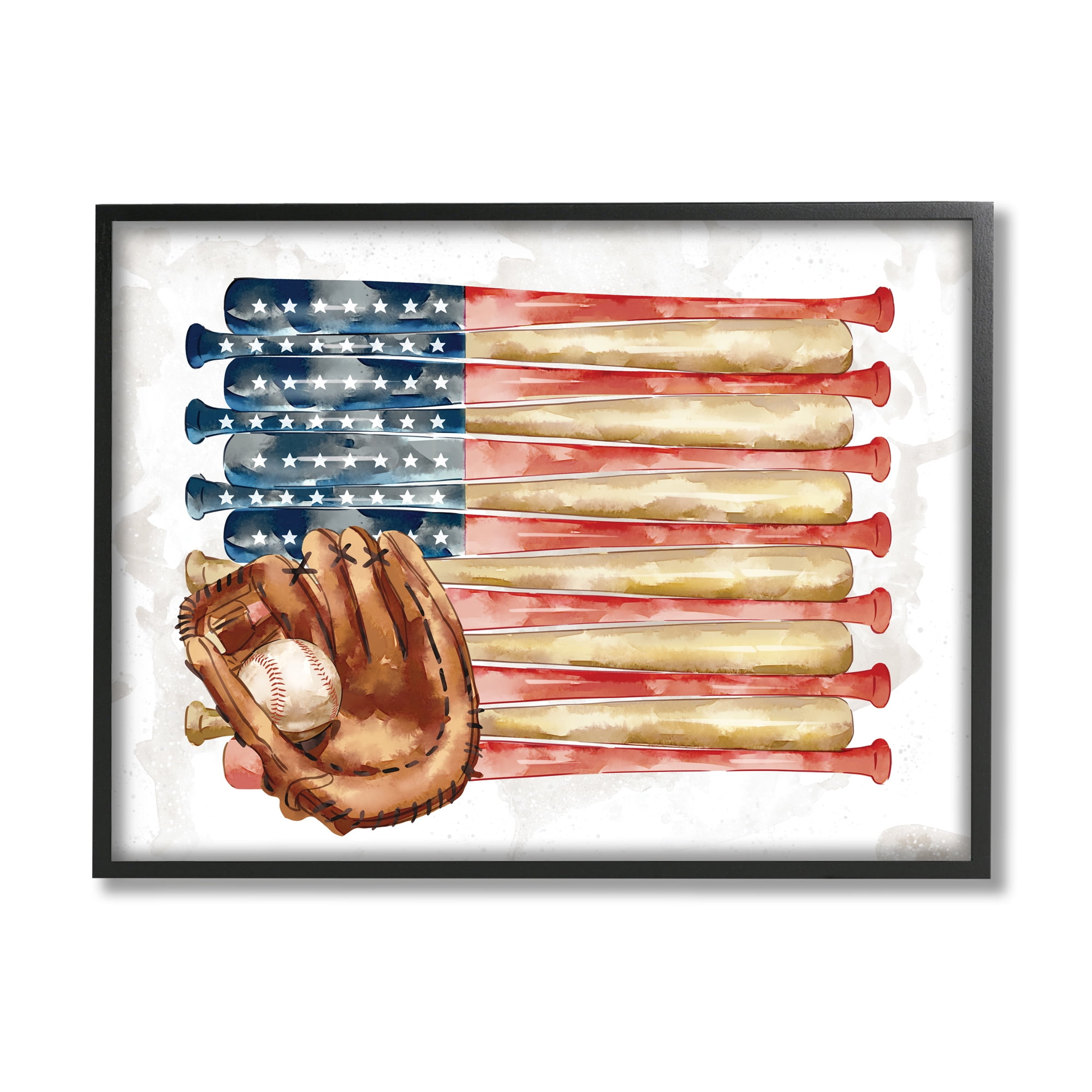 Stupell Industries American Baseball Flag Children's Sports Mitt Sports Painting Black Framed Art Print Wall Art, 16 x 20