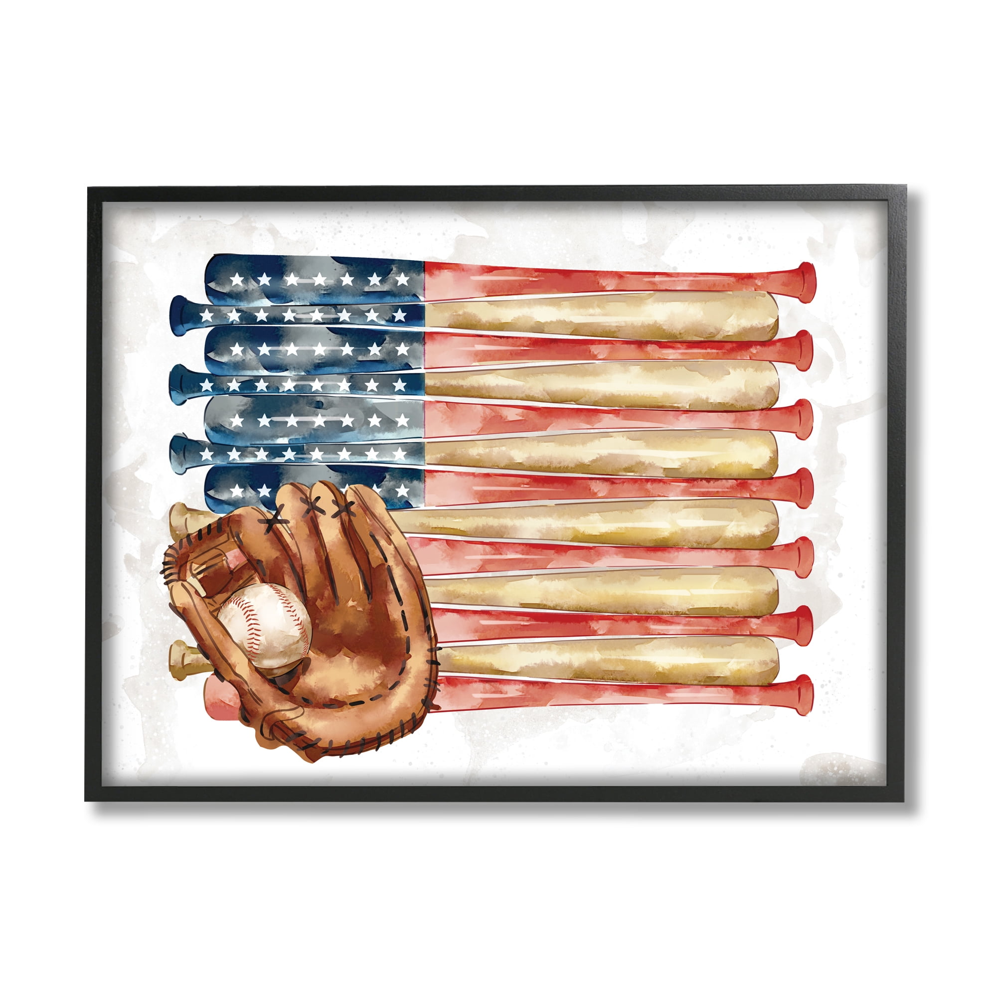 Stupell Industries American Baseball Flag Children's Sports Mitt Sports Painting Black Framed Art Print Wall Art, 24 x 30