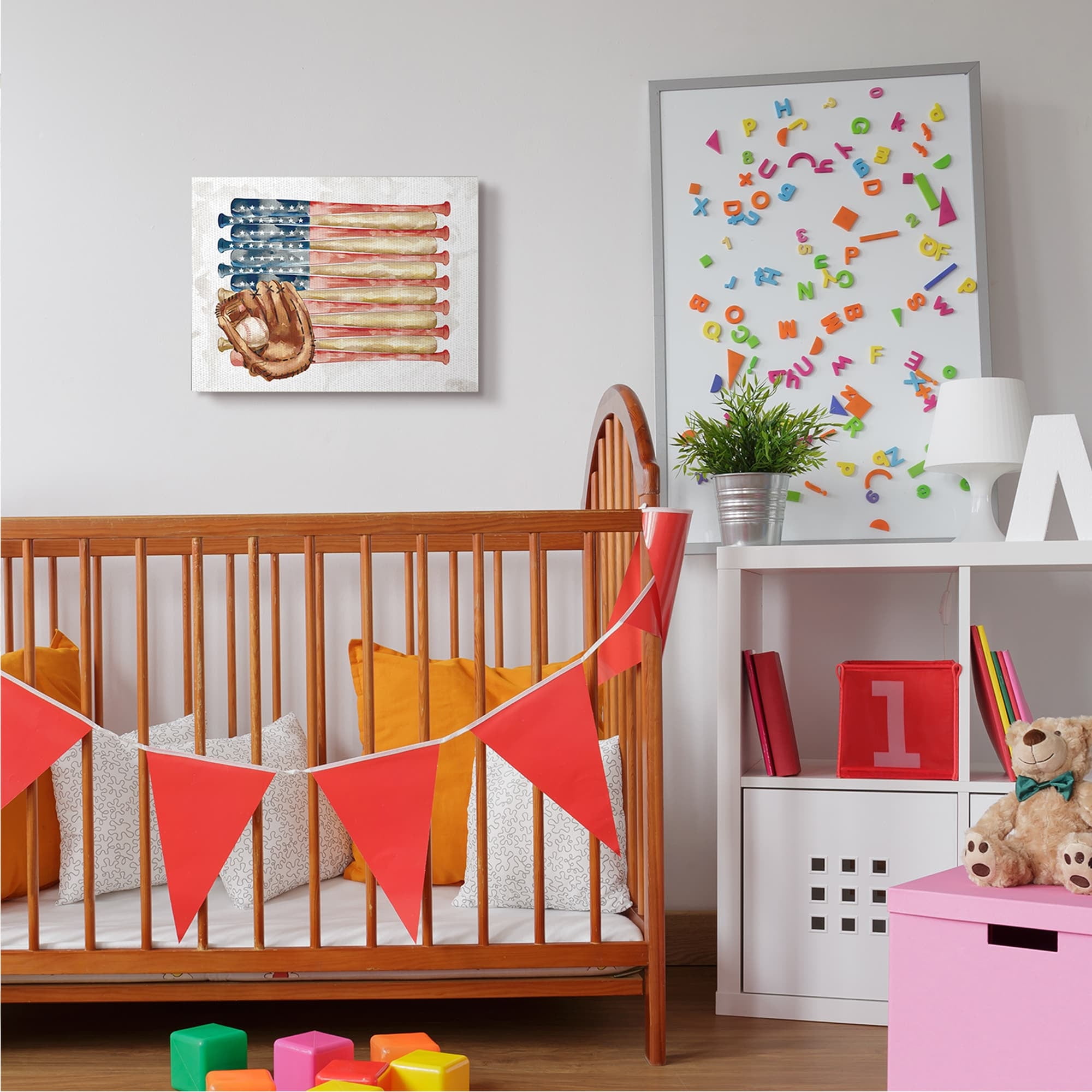 Stupell Industries American Baseball Flag Children's Sports Mitt Sports Painting Gallery Wrapped Canvas Art Print Wall Art, 16 x 20