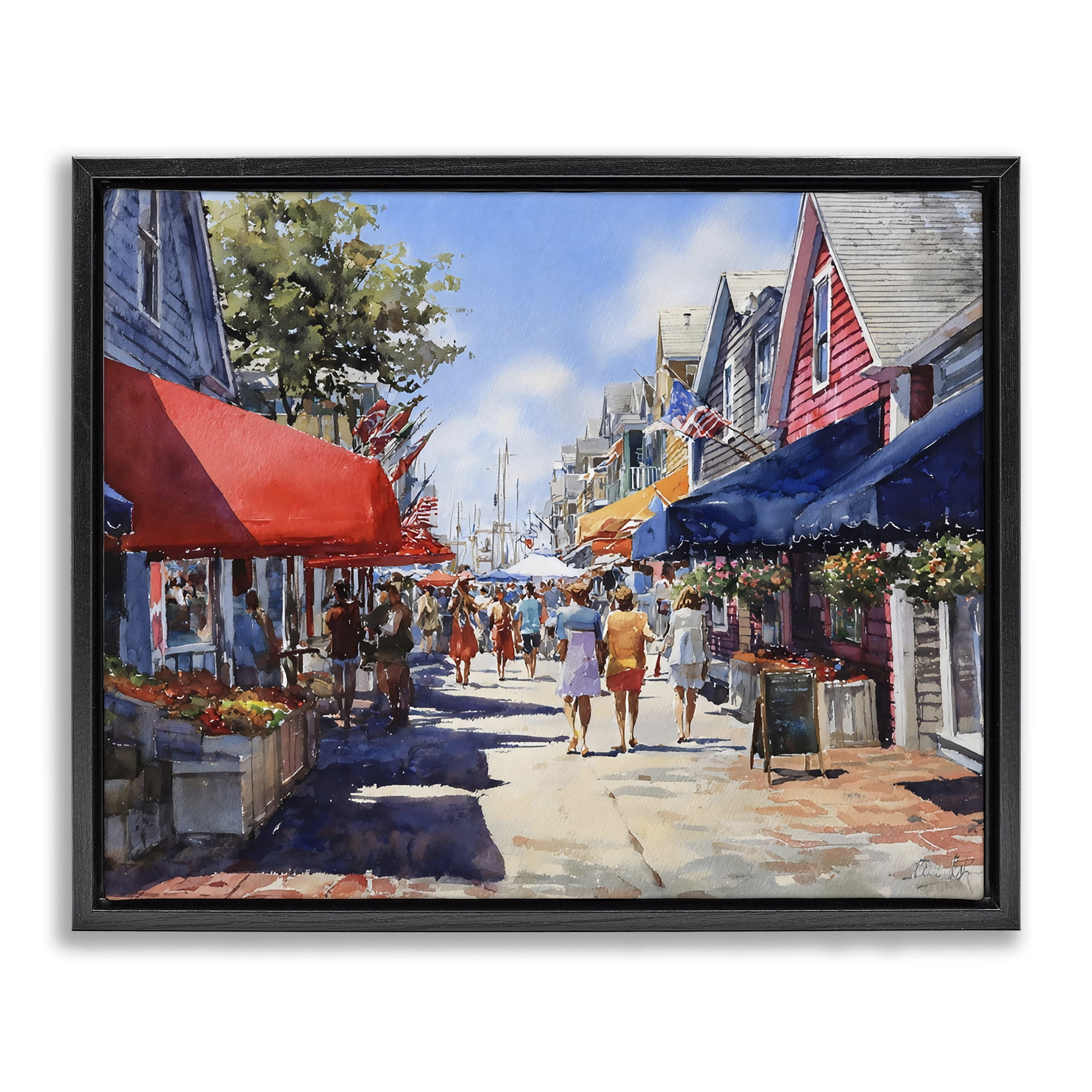 Stupell Industries American Coastal Town Stroll Black Framed Floater Canvas Wall Art, design by Franklyn Gregory