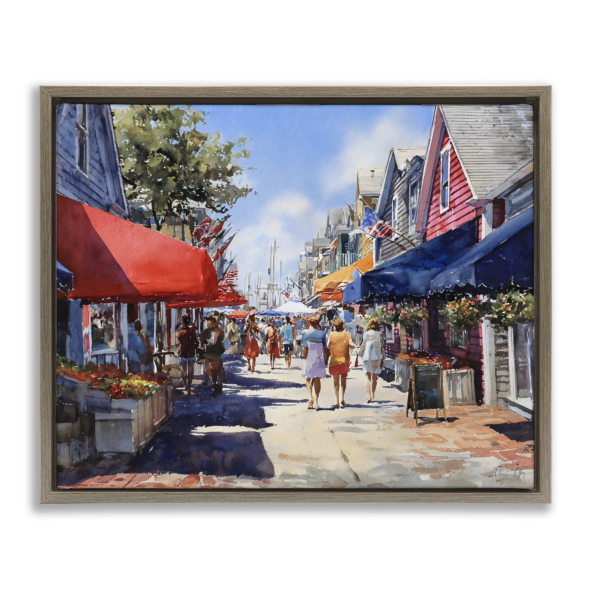 Stupell Industries American Coastal Town Stroll Brown Framed Floater Canvas Wall Art, design by Franklyn Gregory