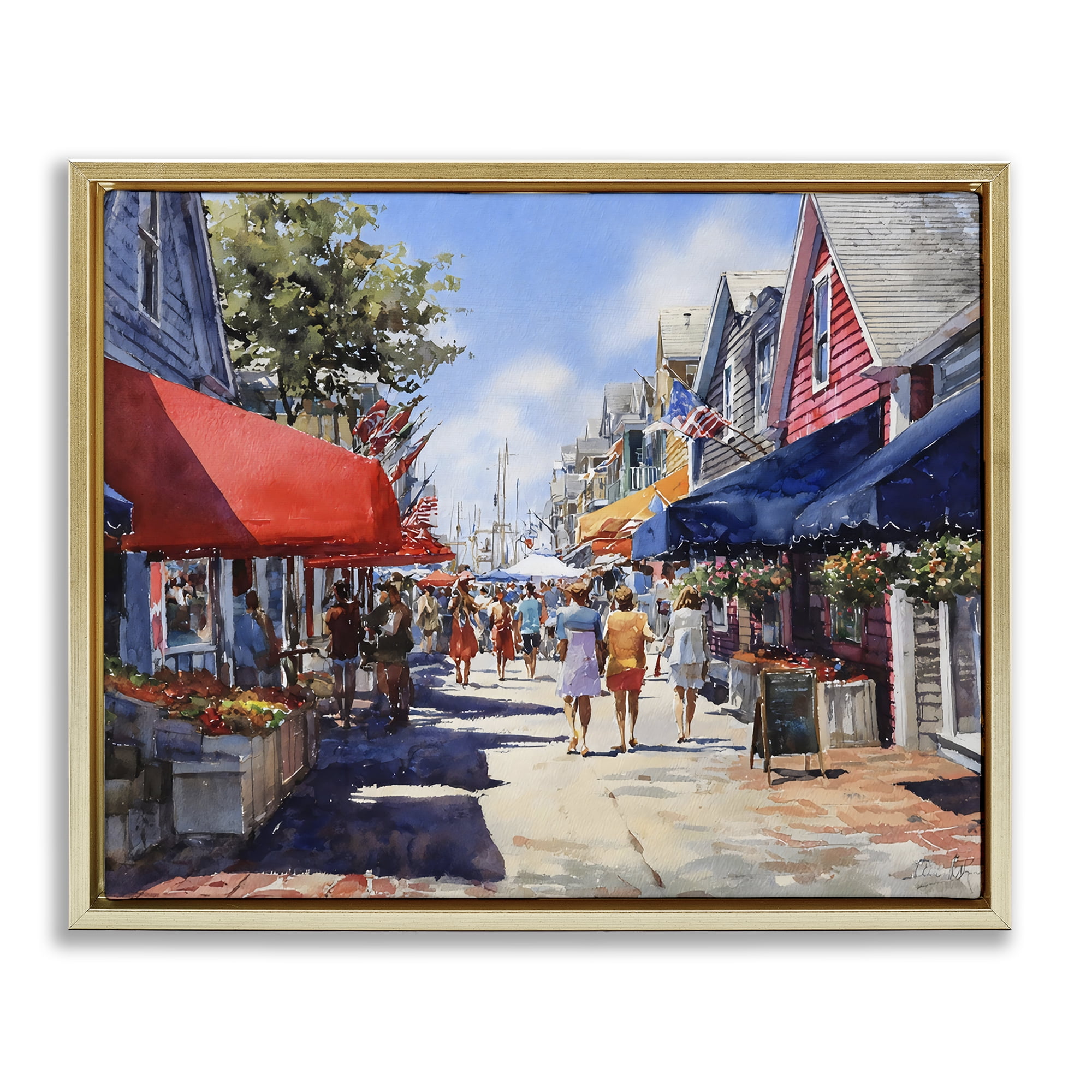 Stupell Industries American Coastal Town Stroll Gold Framed Floater Canvas Wall Art, design by Franklyn Gregory