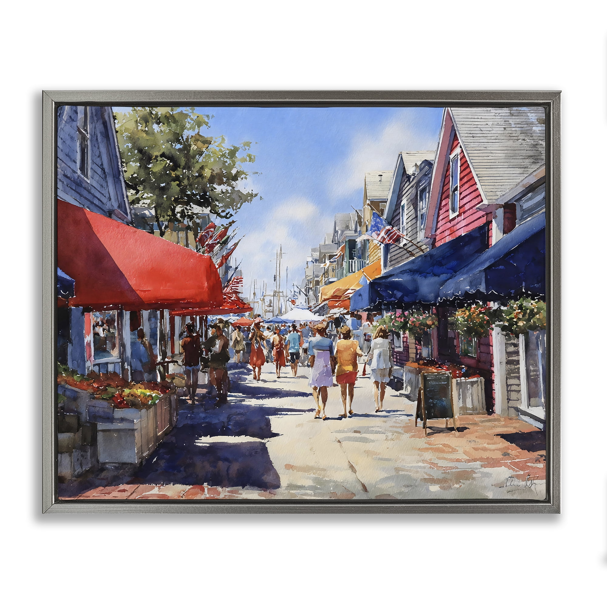 Stupell Industries American Coastal Town Stroll Gray Framed Floater Canvas Wall Art, design by Franklyn Gregory