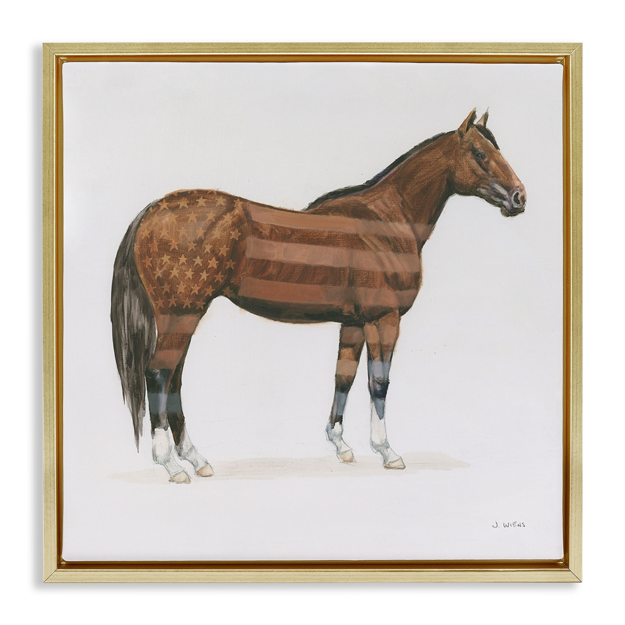 Stupell Industries American Flag Horse Animals & Insects Painting Gold Floater Framed Canvas Art Print Wall Art, 25 x 25