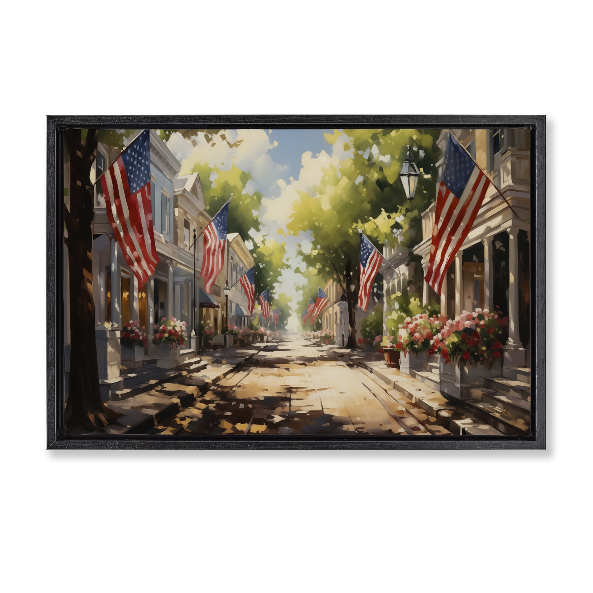 Stupell Industries American Flag Lined Street Scenic & Cityscapes Painting Black Floater Framed Canvas Art Print Wall Art, 25 x 17