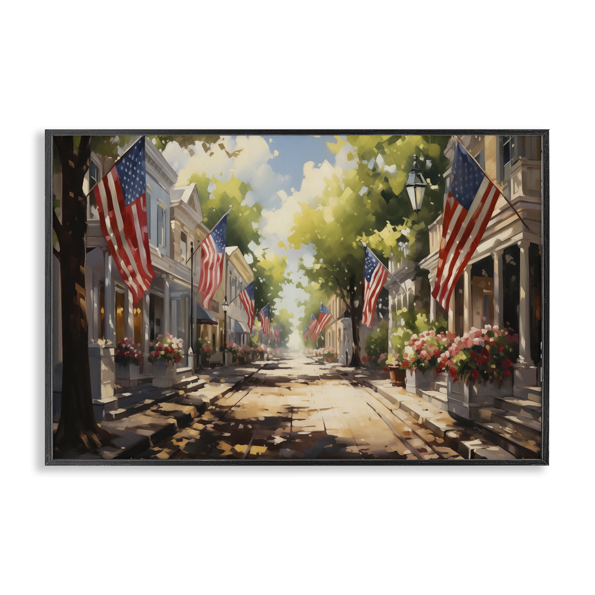 Stupell Industries American Flag Lined Street Scenic & Cityscapes Painting Black Framed Art Print Wall Art, 24 x 16